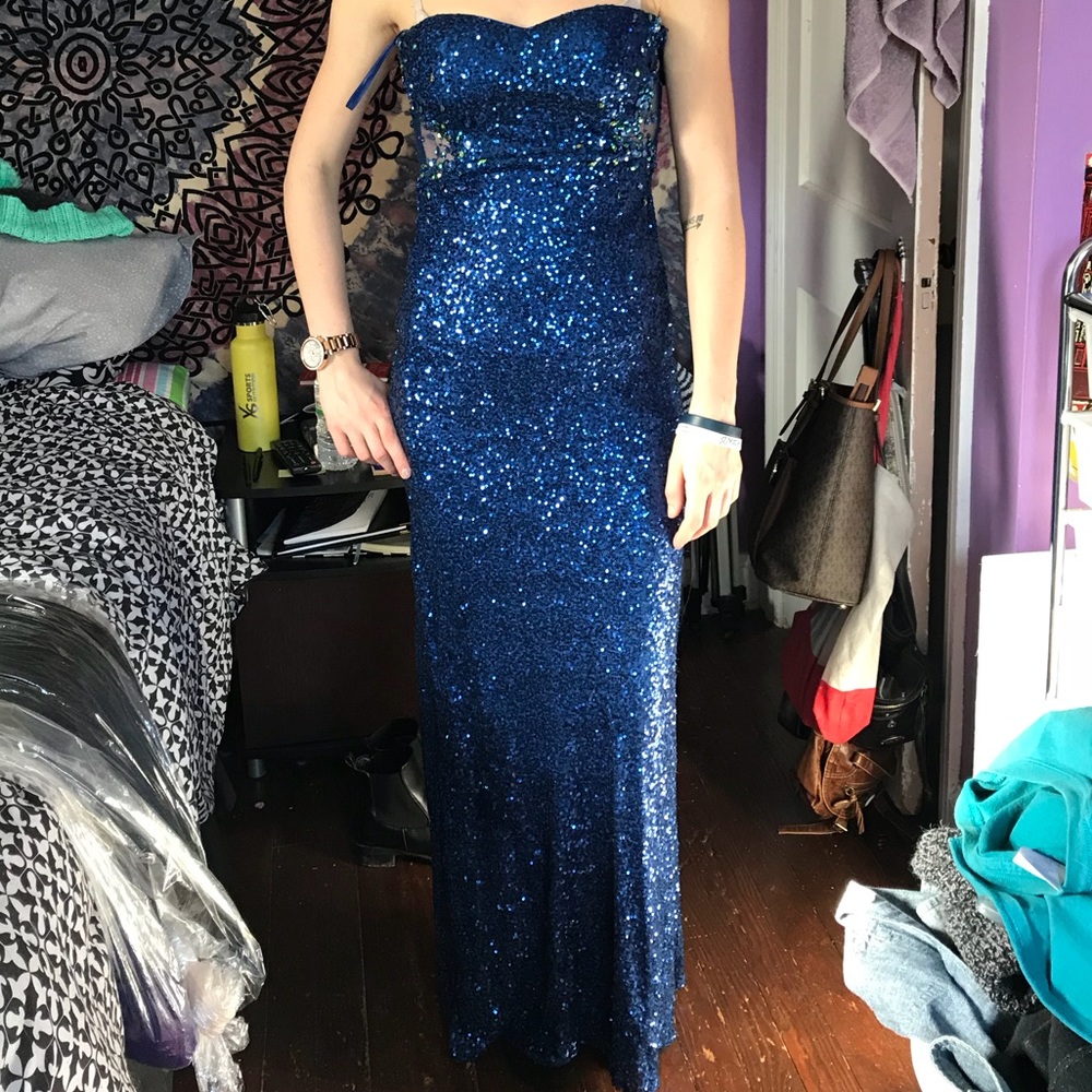 Blue Sequins Prom Dress - Mesh Back